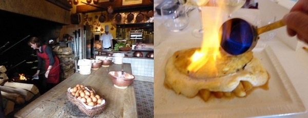 De gauche à droite : Préparation de l'omette dans la grande cheminée  © Catherine Gary; L'omelette flambée façon dessert de la Mère Poulard  © Catherine Gary