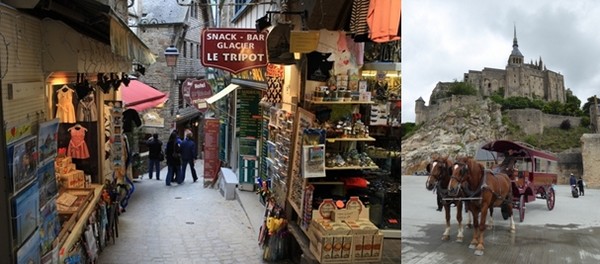 De gauche à droite : une ruelle très marchande à l'intérieur du Mont-Saint-Michel ; Balade en calèche  © Catherine Gary