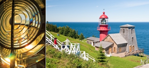 De gauche à droite : Lentille du phare telle une oeuvre d'art et le phare de la Pointe Renommée.  ©  Patrick Matte et  Québec Maritime.
