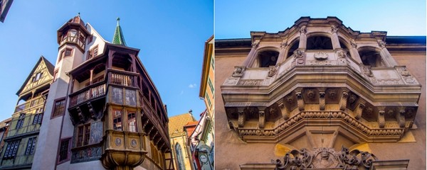 De gauche à droite : Dans la rue des Marchands, sans doute la plus pittoresque. Ne pas manquer l’oriel de la maison Pfister dont la galerie en bois garde encore trace de scènes bibliques anciennes  © O.T. Alsace; Sur la place de la cathédrale, la loggia Renaissance de l’ancien corps de Garde.  © O.T. Alsace