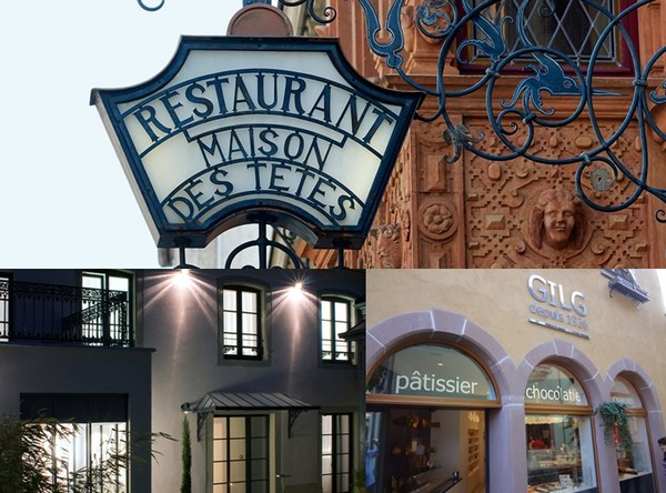 1/ Enseigne Restaurant Maison des Têtes, brasserie jouxtant l'Hôtel du même nom © Maison des Têtes ; 2/ Façade de l'hôtel Quatorze © Hôtel Quatorze ; Vitrine de la célèbre pâtisserie Gilg. © Pâtisserie Gilg 1/ Enseigne Restaurant Maison des Têtes, brasserie jouxtant l'Hôtel du même nom © Maison des Têtes ; 2/ Façade de l'hôtel Quatorze © Hôtel Quatorze ; Vitrine de la célèbre pâtisserie Gilg. © Pâtisserie Gilg