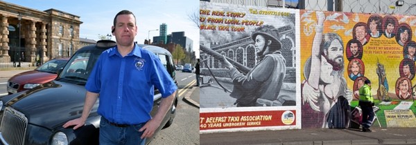 Pour avoir une vision d'ensemble privilégiée sur les célèbres "murals", ces fresques historiques et communautaires à connotation politique de Belfast. Il faut s'inscrire pour une visite auprès du Black Taxi Tour. Ici une visite avec Mickaël, un chauffeur emblématique et passionné qui connait sa ville sur le bout des doigts.© David Raynal Pour avoir une vision d'ensemble privilégiée sur les célèbres "murals", ces fresques historiques et communautaires à connotation politique de Belfast. Il faut s'inscrire pour une visite auprès du Black Taxi Tour. Ici une visite avec Mickaël, un chauffeur emblématique et passionné qui connait sa ville sur le bout des doigts.© David Raynal