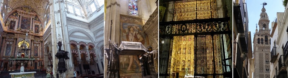 De gauche à droite : Cathédrale de Séville à la fois Cathédrale et Mosquée; Mausolée solennel de Christophe Colomb; Les superbes grilles plateresques et le plus grand retable du monde; Section carrée qui fut jadis le minaret de la mosquée mis à part le clocher baroque qui signe la victoire de la chrétienté. © C.Gary De gauche à droite : Cathédrale de Séville à la fois Cathédrale et Mosquée; Mausolée solennel de Christophe Colomb; Les superbes grilles plateresques et le plus grand retable du monde; Section carrée qui fut jadis le minaret de la mosquée mis à part le clocher baroque qui signe la victoire de la chrétienté. © C.Gary