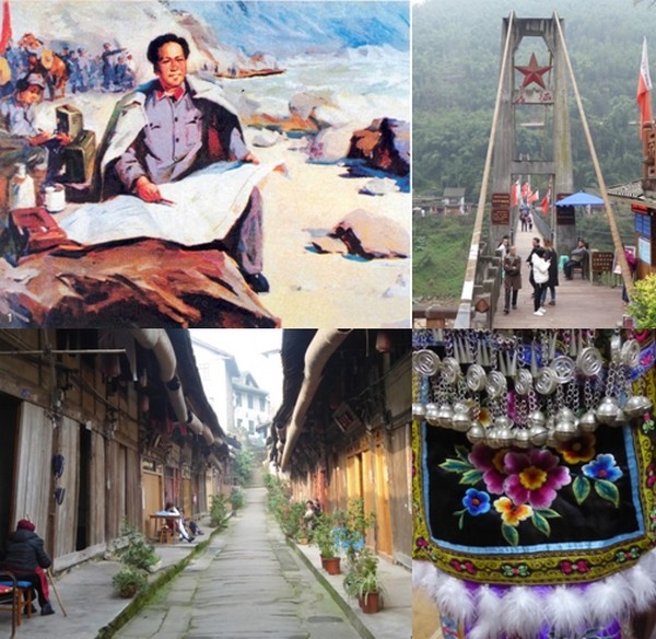 En haut a gauche : Début de la Longue Marche. © Catherine Gary; L'un des 5 ponts travesés par Mao © Catherine Gary ; Rue de Datong © Catherine Gary ; Broderie qui orne le costume de cérémonie et de mariage des femmes Miao. © Catherine Gary En haut a gauche : Début de la Longue Marche. © Catherine Gary; L'un des 5 ponts travesés par Mao © Catherine Gary ; Rue de Datong © Catherine Gary ; Broderie qui orne le costume de cérémonie et de mariage des femmes Miao. © Catherine Gary