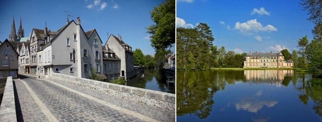 Le récit du livre de Pierre-Yves Le Priol vous invite à marcher sur les traces de Charles Peguy . De gauche à droite : une rue de Chartres  et une vue sur le château du vieux pays  Le Hurepoix  © O.T.Villede Chartres