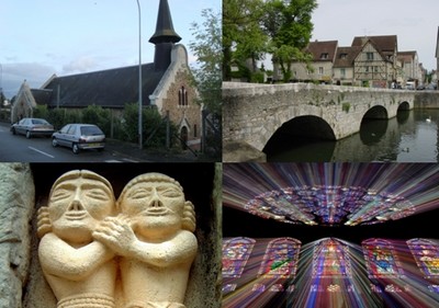 En haut de gauche à droite : Eglise quartier de La Lozere à Palaiseau   ©  DR ; Une joli coin de la ville de Chartres   © O.T.ville de Chartres; En bas de gauche à droite : Statuette à voir à Le Hurepoix   © DR ;  Illuminations des Vitraux de la Cathédrale de Chartres.   © O.T.ville de Chartres