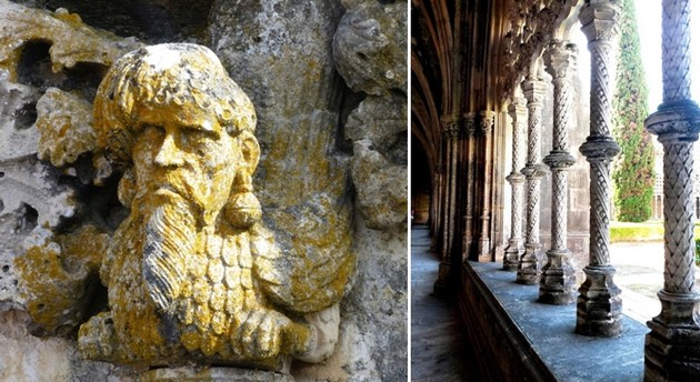 De gauche à droite : Tomar Détail des ornements manuelins sur cette tête de marin © JMT ; Détail et finesse de l'architecture du  monastère de Batalha © O.T. Portugal