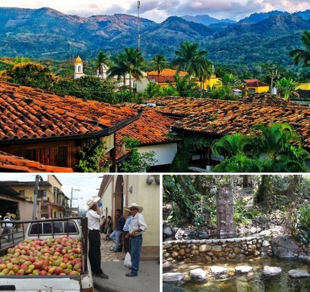 En haut : Hacienda San Lucas dans un cadre de toute beauté et ferme à proximité  © DR ; En bas de gauche à droite : Le marché matinal de Copan Ruinas;  © Catherine Gary; Spa en pleine nature d'Aguas termales ;  © Catherine Gary