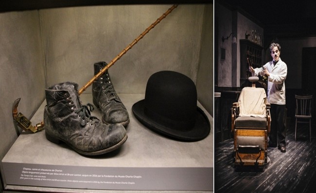 De gauche à droite : les fameux accessoires de Charlot. © Ph. Degon ; Dans le Studio, lr barbier du Dictateur attend le visiteur © Bubbles Incorporated De gauche à droite : les fameux accessoires de Charlot. © Ph. Degon ; Dans le Studio, lr barbier du Dictateur attend le visiteur © Bubbles Incorporated