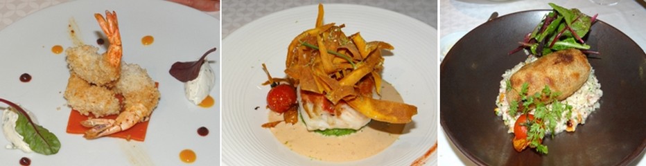 Pour le plaisir des yeux et du palais (de gauche à droite) : crevettes soufflées aux épices Saté - Cabillaud rôti aux épices tandoori, chou citron gingembre. - Pied de cochon farci à l’andouillette ©Bertrand Munier Pour le plaisir des yeux et du palais (de gauche à droite) : crevettes soufflées aux épices Saté - Cabillaud rôti aux épices tandoori, chou citron gingembre. - Pied de cochon farci à l’andouillette ©Bertrand Munier