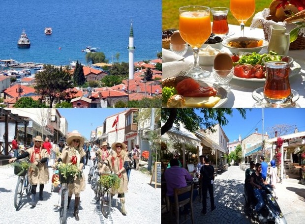 Tout le charme de la Turquie avec en haut à gauche vue sur Erythrai, les mets et boissons traditionnels, jeunes filles les vélos chargés de verdure pour fêter comme il se doit le Festival des herbes d'Alaçati du 6 au 9 avril, et balade tranquille dans le centre ville d'Alaçati. Crédit photos David Raynal