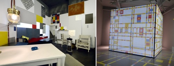De gauche à droite : Reconstruction du studio parisien  de Mondrian dans le cadre de l'exposition Mondriaanhuis - © Mike Bink; Video de Boogie Woogie  © Catherine Gary