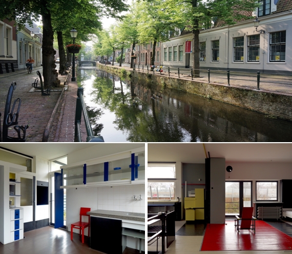 Le canal devant  la maison de Mondrian à Amersfoort © Catherine Gary; En bas à gauche : « La maison Schröder de Rietveld, à Utrecht, est une icône du mouvement moderne en architecture et une expression exceptionnelle du génie créateur humain dans la pureté des idées et des concepts qui la sous-tendent, tels que développés par le mouvement De Stijl » © Mike Bink.