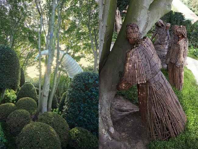 De gauche à droite : Coquillage de mer d'Alena Kogan; Le jardin des Etreintes et des arbres  est illustré par des sculptures des artistes polonais Viktor Szostalo et Agnieszka Gradnik qui représentent des personnages réalisés en bois de vigne étreignant des arbres   © Les Jardins  d'Etretat