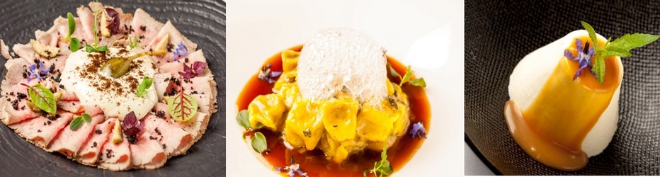 De gauche à droite : Il Vitello Tonnato d'Enrico ; Ravioli Plin della Mamma Lidia aux Trois Rôtis ; Pannacotta caramel beure salé. © www.cafeartcurial.fr De gauche à droite : Il Vitello Tonnato d'Enrico ; Ravioli Plin della Mamma Lidia aux Trois Rôtis ; Pannacotta caramel beure salé. © www.cafeartcurial.fr