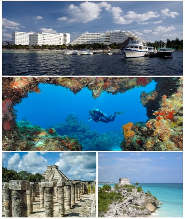 1/ Vue sur Cancun et ses immeubles modernes donnant sur le port; 2/ Récifs de corail du Parc Marin National des Récifs qui font partie de la deuxième plus grande barrière récifale de corail au monde ; 3/ Sites archéologiques de Chichén Itza et deTulúm.© www.visitmexico.com 1/ Vue sur Cancun et ses immeubles modernes donnant sur le port; 2/ Récifs de corail du Parc Marin National des Récifs qui font partie de la deuxième plus grande barrière récifale de corail au monde ; 3/ Sites archéologiques de Chichén Itza et deTulúm.© www.visitmexico.com