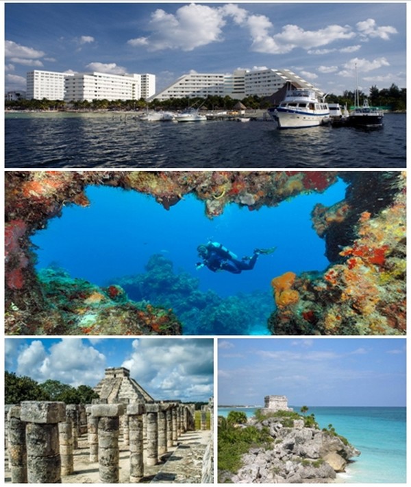 1/ Vue sur Cancun et ses immeubles modernes donnant sur le port; 2/ Récifs de corail du Parc Marin National des Récifs qui font partie de la deuxième plus grande barrière récifale de corail au monde ; 3/ Sites archéologiques de Chichén Itza  et deTulúm.© www.visitmexico.com