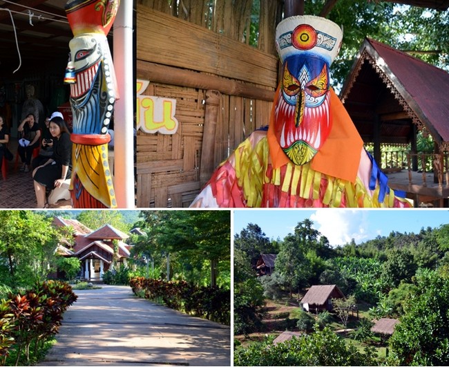 En haut de gauche à droite : La fête lors du festival Phi Ta Khon  qui se déroule du 24 au 26 juin dans la commune de Dan Sai (Thaïlande) © David Raynal ; En bas de gauche à droite : l'hôtel Phuna Come, commune de Dan Sai à Loei ;© David Raynal