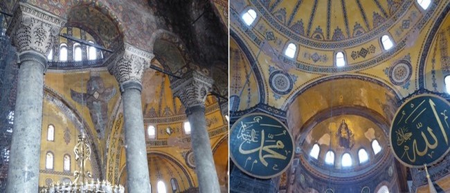 Dans l'enceinte de Sainte-Sophie l’immense coupole couverte d’or et son lustre qui semble toucher terre sont spectaculaires. © C.Gary Dans l'enceinte de Sainte-Sophie l’immense coupole couverte d’or et son lustre qui semble toucher terre sont spectaculaires. © C.Gary