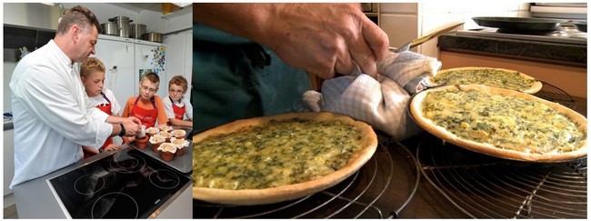 De gauche à droite : Atelier de cuisine pour enfants © Les Castors; ; Plats de la tarte aldjot une spécialité wallonne © O.T. Belgique