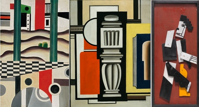 De gauche à droite, Fernand Léger, Le Pont, 1923 Huile sur toile, 92 x 60 cm Collection Carmen Thyssen-Bornemisza En dépôt au Musée Thyssen-Bornemisza, Madrid Adagp, Paris, 2017. Fernand Léger, Le Balustre, 1925 Huile sur toile, 129,5 x 97,2 cm MoMA (Museum of Modern Art), New York © 2017. Digital image, The Museum of Modern Art, New York/Scala, Florence © Adagp, Paris, 2017. Fernand Léger, Charlot cubiste, 1924 Éléments en bois peints, cloués sur contreplaqué, 73,6 x 33,4 x 6 cm Centre Pompidou, Musée national d’art moderne - Centre de création industrielle © Centre Pompidou, MNAM-CCI/Georges Meguerditchian/Dist. RMN-GP © Adagp, Paris, 2017.