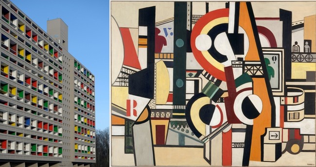 De gauche à droite, Le Corbusier La Cité Radieuse, Briey-en-Forêt © photographe Pascal Volpez© F.I.C / ADAGP, Paris, 2017. Fernand Léger, Les disques dans la ville, 1920 Huile sur toile, 130 x 162 cm Centre Pompidou, Musée national d’art moderne - Centre de création industrielle © Centre Pompidou, MNAM-CCI/Jacques Faujour/Dist. RMN-GP © Adagp, Paris, 2017