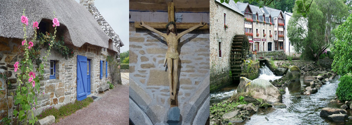 Dans le village de Kerascoët, ses chaumières traditionnelles en granit et toits de chaume; Le Christ de Pont-Aven qui inspira le tableau de Paul Gauguin (voir ci-dessous le Christ Vert) et un magnifique moulin de la ville de Pont-Aven .© C.Gary et © Lindigomag/Pixabay Dans le village de Kerascoët, ses chaumières traditionnelles en granit et toits de chaume; Le Christ de Pont-Aven qui inspira le tableau de Paul Gauguin (voir ci-dessous le Christ Vert) et un magnifique moulin de la ville de Pont-Aven .© C.Gary et © Lindigomag/Pixabay