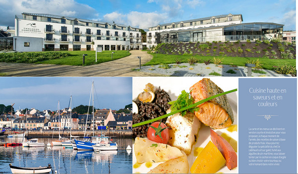 En haut plongée sur le bâtiment du Thalasso-Spa-Marin **** de Concarneau; En bas de gauche à droite : le port de Concarneau; Le choix d'un repas gastronomique au restaurant du Thalasso-Spa-Marin de Concarneau; Copyright Thalasso-Spa-Marin Concarneau**** En haut plongée sur le bâtiment du Thalasso-Spa-Marin **** de Concarneau; En bas de gauche à droite : le port de Concarneau; Le choix d'un repas gastronomique au restaurant du Thalasso-Spa-Marin de Concarneau; Copyright Thalasso-Spa-Marin Concarneau****