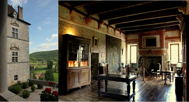 De gauche à droite : Château de Cénevières, la terrasse sur le Lot;  Château de Cénevières, le grand salon. Copyright André Degon