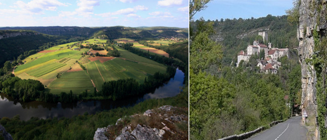 De gauche à droite : Le Saut de la Mounine  à une dizaine de kilomètres de Cajarc, sur la rive gauche du lot, après le château de Salvagnac et le petit village aveyronnais de Saujac,© OT Lot et Wikipedia