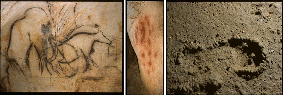 De gauche à droite : Pech Merle,dessins de mammouths et bisons ;Pech Merle empreinte de main ;Pech Merle empreinte de pied   © Lot Tourisme De gauche à droite : Pech Merle,dessins de mammouths et bisons ;Pech Merle empreinte de main ;Pech Merle empreinte de pied   © Lot Tourisme