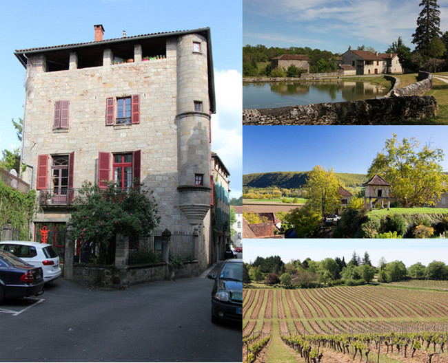 De gauche à droite : Figeac, maison de Galiot de Genouillac. XIVe-XVIIIe siècles ; Aujols, au bord du lac, au fond, lavoits dits papillon; Pigeonnier à Larroque ; Vignoble sur les causses; © Lot Tourisme Novello De gauche à droite : Figeac, maison de Galiot de Genouillac. XIVe-XVIIIe siècles ; Aujols, au bord du lac, au fond, lavoits dits papillon; Pigeonnier à Larroque ; Vignoble sur les causses; © Lot Tourisme Novello
