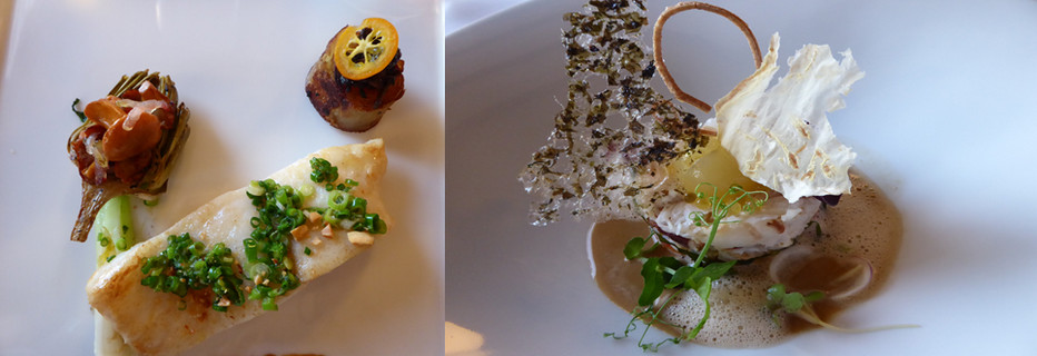 De gauche à droite : Turbot rôti, mousserons et pak choï grillé ; Croquant léger aux fraises mara des bois ( Copyright C.Gary) De gauche à droite : Turbot rôti, mousserons et pak choï grillé ; Croquant léger aux fraises mara des bois ( Copyright C.Gary)