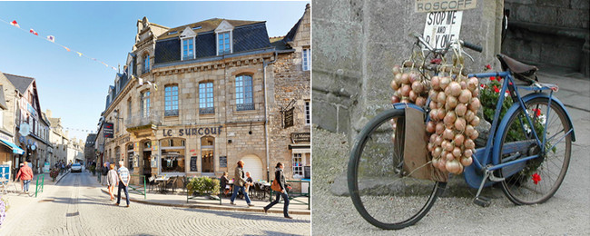 De gauche à droite : Centre ville de Roscoff ;  Les magnifiques oignons roses de Roscoff (Copyright OT Roscoff)