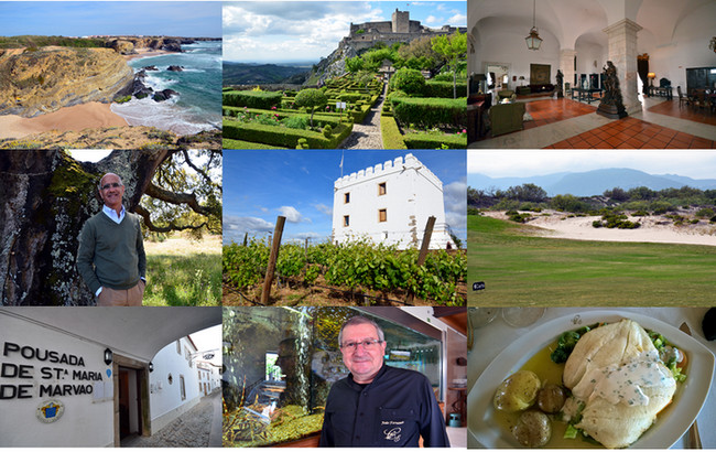 En haut de gauche à droite : L'une des plages de Porto Covo; Le village de Marvao; Alentejo Poussada Estremoz; De gauche à droite : photos 1 et 2 : Herdadedas Barradasda Serra et son propriétaire Luis Rodriguez Dias;  Vue sur le Golf Troia à Alentejo; De gauche à droite : 1 et 2 - Le chef cuisinier du restaurant  Caisdaestacao à Sines et l'une de ses spécialités. Toutes les photos  .© David Raynal