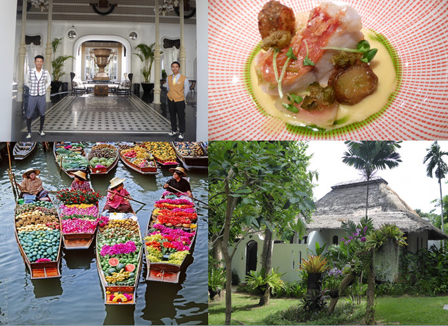 En haut de gauche à droite : L'entrée du J.W.Marriott Lamarck University Emerald Bay de Phu Quoc;  Illustration de  l’irrésistible cuisine thaï dans l’un des restaurants branchés de Bangkok; En bas de gauche à droite : Toutes les saveurs et couleurs d'un magnifique marché flottant; L'hôtel Paradee . Copyright Catherine Gary