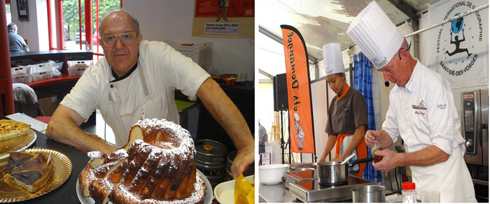 De gauche à droite : Célèbre et emblématique pâtisserie alsacienne, le kouglof trouva grâce auprès des festivaliers par l’intermédiaire du traiteur vosgien François Gremillet. ©Bertrand Munier; ) Professeur de pâtisserie au lycée hôtelier Jean-Baptiste-Siméon-Chardin de Gérardmer (88), où jadis le triple étoilé Frédéric Anton apprit l’abécédaire de son métier, Serge Pierrel donna de son temps pour une démonstration de Panna cotta au thé du Cap et à la figue. ©Bertrand Munier De gauche à droite : Célèbre et emblématique pâtisserie alsacienne, le kouglof trouva grâce auprès des festivaliers par l’intermédiaire du traiteur vosgien François Gremillet. ©Bertrand Munier; ) Professeur de pâtisserie au lycée hôtelier Jean-Baptiste-Siméon-Chardin de Gérardmer (88), où jadis le triple étoilé Frédéric Anton apprit l’abécédaire de son métier, Serge Pierrel donna de son temps pour une démonstration de Panna cotta au thé du Cap et à la figue. ©Bertrand Munier