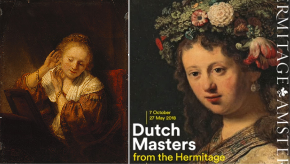 De gauche à droite : Rembrandt, “jeune femme aux boucles d'oreilles “ Hermitage  1656 © State Hermitage Museum, St Petersburg ; Affiche des expositions " Le Siècle d'Or néerlandais " © State Hermitage Museum, St Petersburg