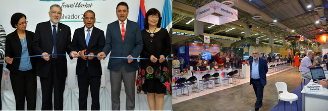 Inauguration du Salon du toursime des pays d'Amérique centrale par (de gauche à droite) José Napoléon Duarte Duran ministre du Tourisme du Salvador, Oscar Ortiz vice-président de la République du Salvador, José Mario Chajon, ministre du Tourisme du Guatemala, en compagnie des réprésentantes d'une délégation Taïwanaise. Crédit photo David Raynal