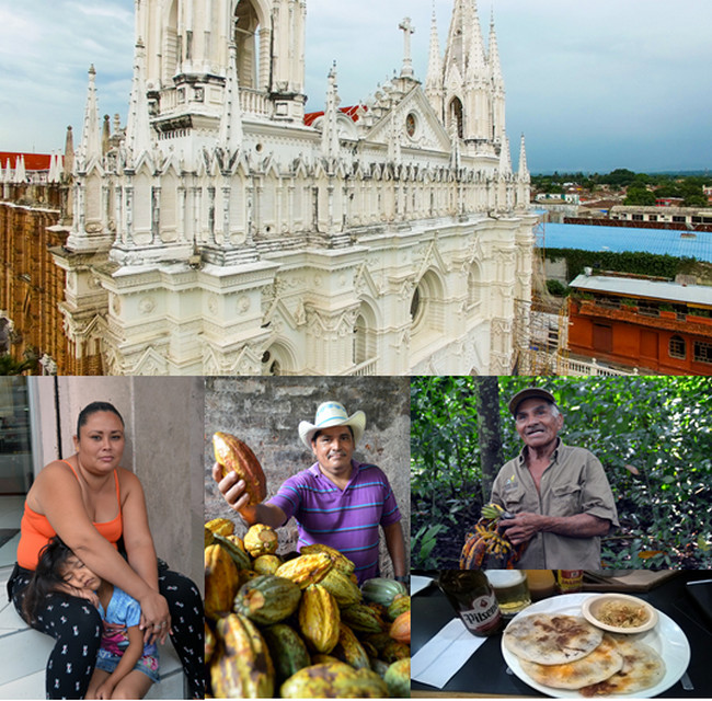 Vue aerienne de la cathédrale de Santa Ana, femme et son enfant à San Salvador, producteur de fèves de cacao dans la baie de Jiquilisco, dompteur de singes. Crédit photo office de tourisme du Salvador et David Raynal.