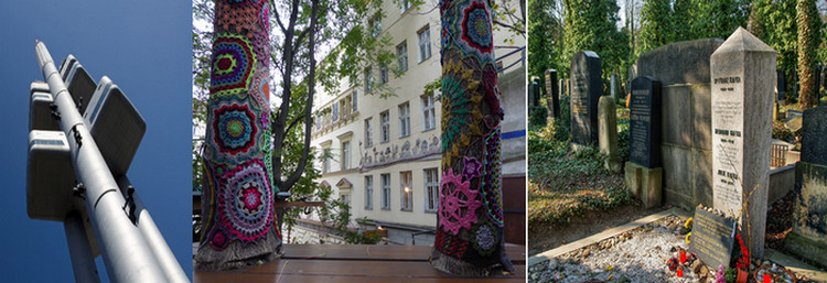 De gauche à droite : Tour de télévision à Zizkov (Copyright Czech Tourism);  Café dans un jardin à Zizkov  (copyright C.Gary) ; Tombeau Franz Kafka à Zizkov (Copyright Czech Tourism )