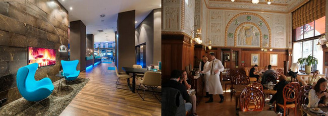 De gauche à droite : Hall d' accueil à l'hôtel Motel One (Copyright DR); Une des magnifiques salles du Café Impérial. (Copyright DR)