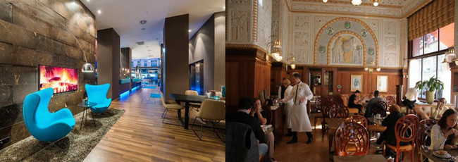 De gauche à droite : Hall d' accueil à l'hôtel Motel One (Copyright DR); Une des magnifiques salles du Café Impérial. (Copyright DR) De gauche à droite : Hall d' accueil à l'hôtel Motel One (Copyright DR); Une des magnifiques salles du Café Impérial. (Copyright DR)