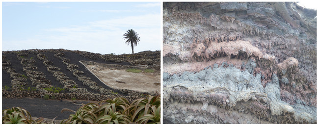 De gauche à droite : Cultures protégées par des murets et du picon ;  Effets de l'érosion Route des volcans (Copyright C.Gary)