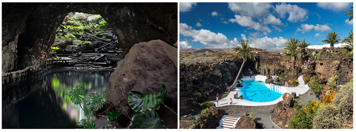 Jameos del Agua,  premier grand chantier de César Manrique est le manifeste éclatant de son génie au cœur de 300 mètres aménagés sur les 7 km de tunnels et de puits d’effondrement montrant le ciel, le tout reliant le volcan La Corona à la mer.(Copyright CM)