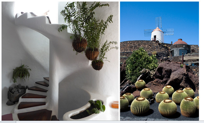 De gauche à droite : Intérieur du Mirador Del Rio;  A Guatiza, c’est dans une ancienne carrière de pierre que Manrique à dessiné les méandres de son Jardin de Cactus en misant sur l’extraordinaire variété de ces plantes (Copyright C.Gary et CM)