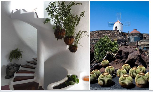 De gauche à droite : Intérieur du Mirador Del Rio; A Guatiza, c’est dans une ancienne carrière de pierre que Manrique à dessiné les méandres de son Jardin de Cactus en misant sur l’extraordinaire variété de ces plantes (Copyright C.Gary et CM) De gauche à droite : Intérieur du Mirador Del Rio; A Guatiza, c’est dans une ancienne carrière de pierre que Manrique à dessiné les méandres de son Jardin de Cactus en misant sur l’extraordinaire variété de ces plantes (Copyright C.Gary et CM)