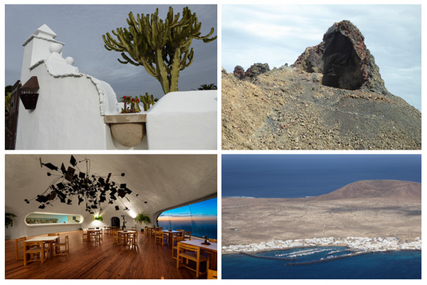 En haut de gauche à droite : Sculptures à la Fondation César Manrique; Sur la route des Volcans; en bas de gauche à droite : La salle de restaurant du Del Diablo; Et vue du haut du Mirador Del rio (Copyright C.Gary)