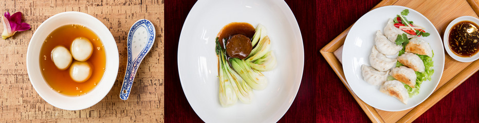 De gauche à droite : Soupe de perles de riz gluant farces aux cacahuètes et au sésame ; Ormeau façon Ly accompagné de chou pak choi ; Raviolis servis grillés, accompagnés d'une sauce au vinaigre de soja relevée de gingembre. Copyright Chezly17.com