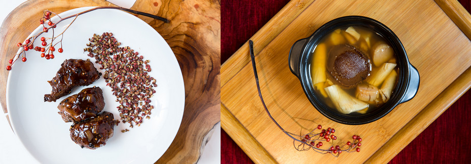 De gauche à droite : Bœuf au poivre du Sichuan longuement mijoté pour ceux qui aiment les plats pimentés; Ormeaux séchés cuits dans un bouillon parfumé avec des pétoncles et des champignons. Copyright Chezly17.com De gauche à droite : Bœuf au poivre du Sichuan longuement mijoté pour ceux qui aiment les plats pimentés; Ormeaux séchés cuits dans un bouillon parfumé avec des pétoncles et des champignons. Copyright Chezly17.com